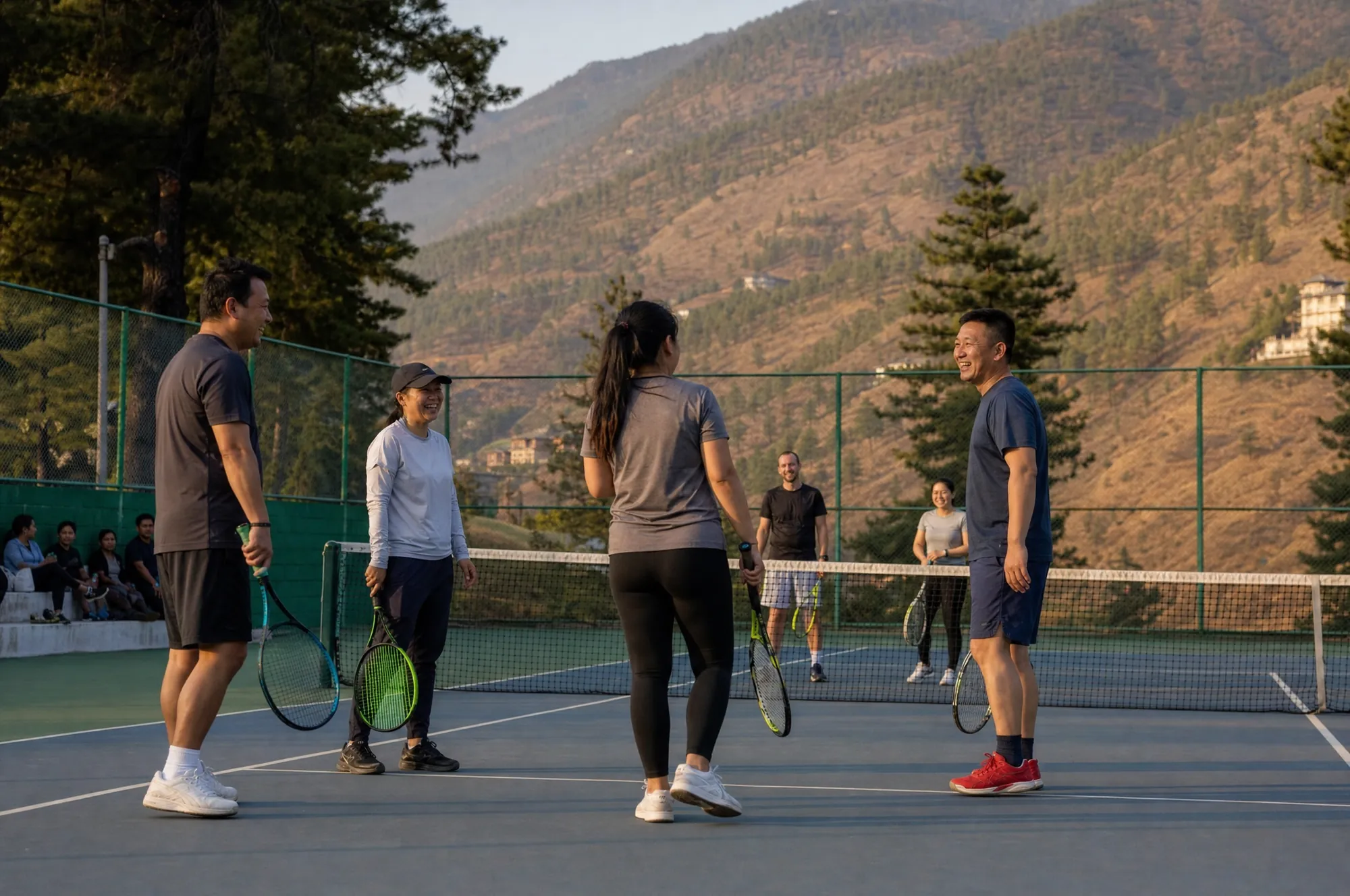 Members laughing between points on the courts at Changlimithang, forested Thimphu hills behind