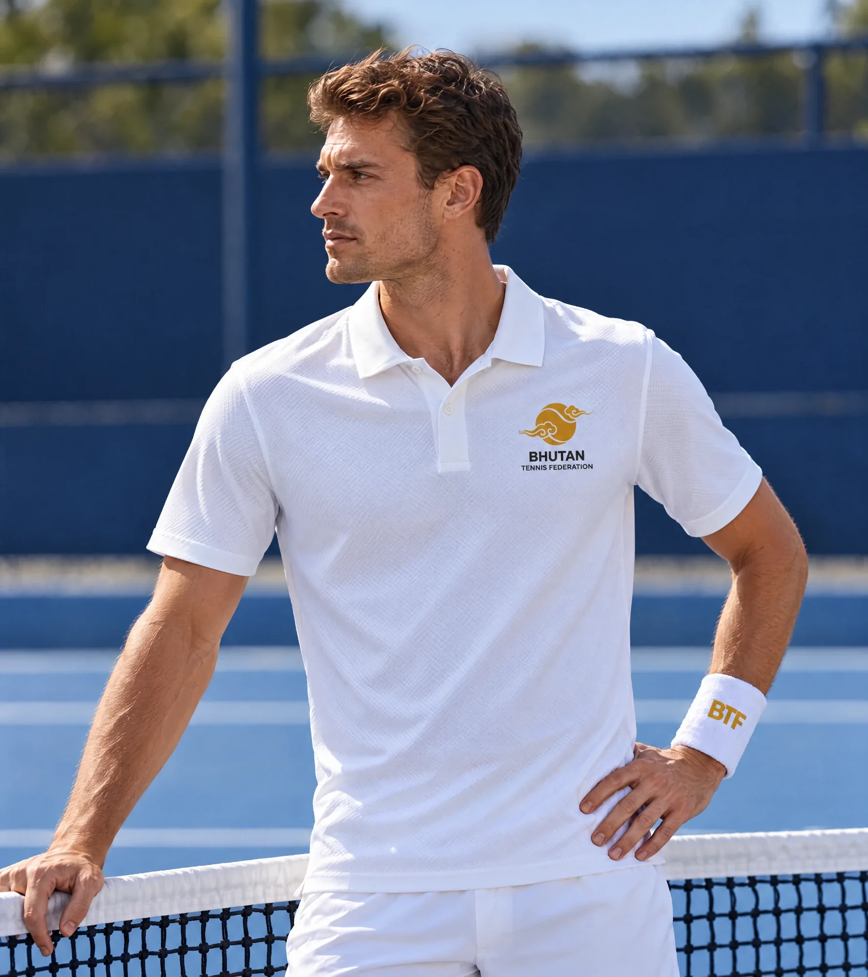 A player in the white Bhutan Tennis Federation polo and BTF wristband, leaning on the net