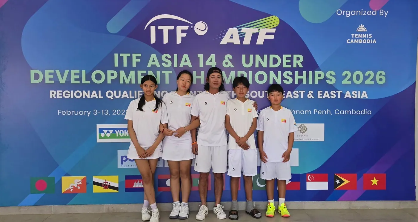 Bhutan's junior team in national tracksuits at the ITF Asia 14 and Under Development Championships in Phnom Penh
