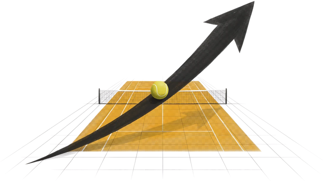 A tennis court with an arrow arcing upward — Bhutanese tennis on the rise